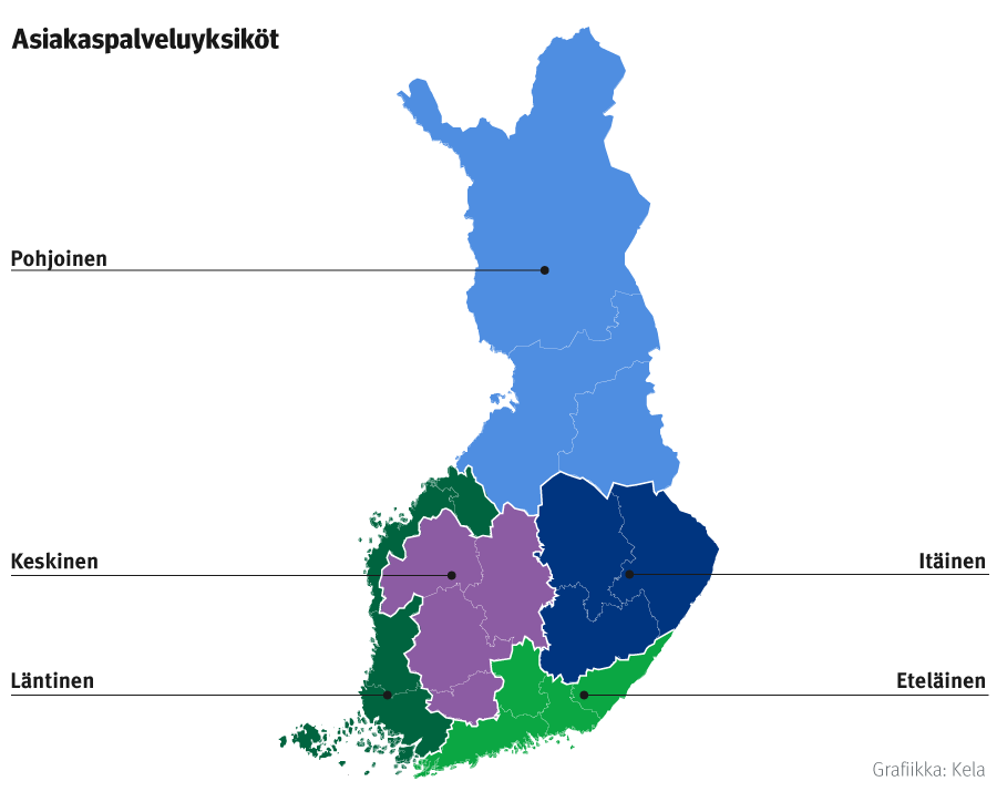 Kartta Suomesta, jossa Kela jakaa asiakaspalveluyksiköt viiteen alueeseen eri värein.